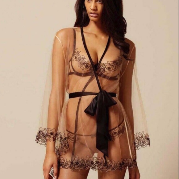 New! Agent Provocateur Lindie Kimono Soiree Black robe beaded sheer mesh gown - Picture 3 of 12